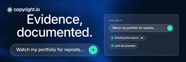 X header for copyright.io: "Evidence, documented." Agentic glass style, skeleton layout, dark palette in black, blue, grey.