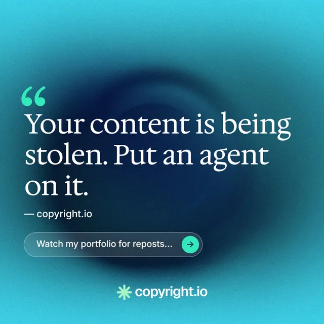 Instagram post for copyright.io: "Continuous protection for creators." Agentic glass style, quote layout, dark palette in blue, teal.