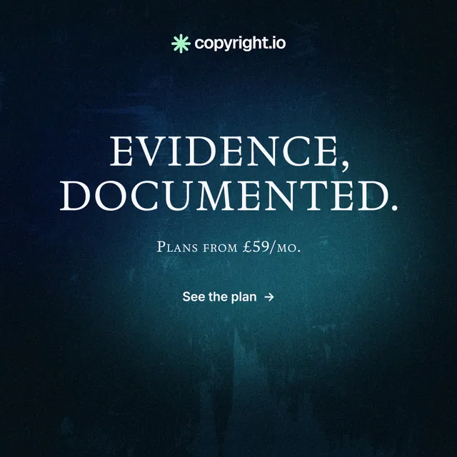 Instagram post for copyright.io: "Evidence, documented." Agentic glass style, smallcaps layout, dark palette in black, blue.