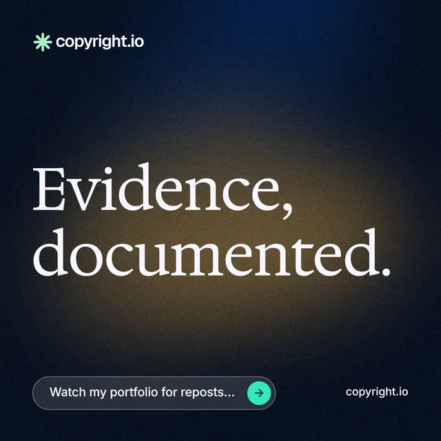 Instagram post for copyright.io: "Evidence, documented." Agentic glass style, poster layout, dark palette in black, orange, grey.