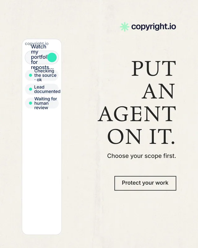 Instagram portrait post for copyright.io: "Put an agent on it." Editorial style, right layout, light palette in white, grey.
