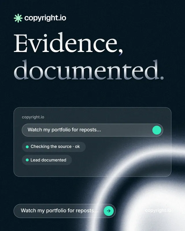 Instagram portrait post for copyright.io: "Evidence, documented." Agentic glass style, poster layout, dark palette in black, blue, grey.
