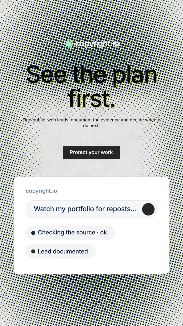 Instagram story for copyright.io: "See the plan first." Swiss style, centred layout, light palette in grey, white.