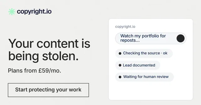 Social ad for copyright.io: "Your content is being stolen." Editorial style, bottom layout, light palette in white, grey.