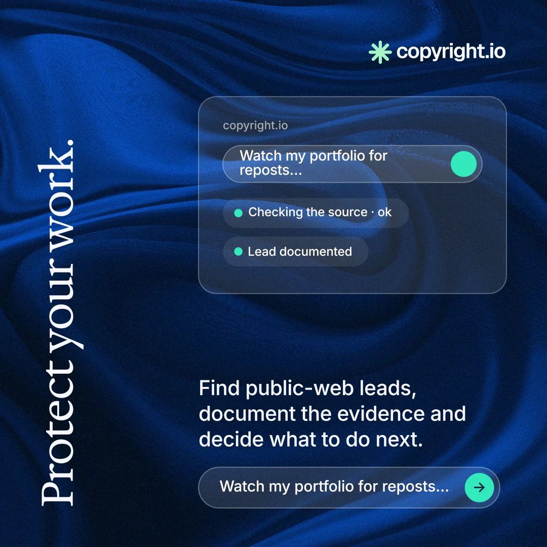 Instagram post for copyright.io: "Protect your work." Agentic glass style, vertical layout, dark palette in black, blue.