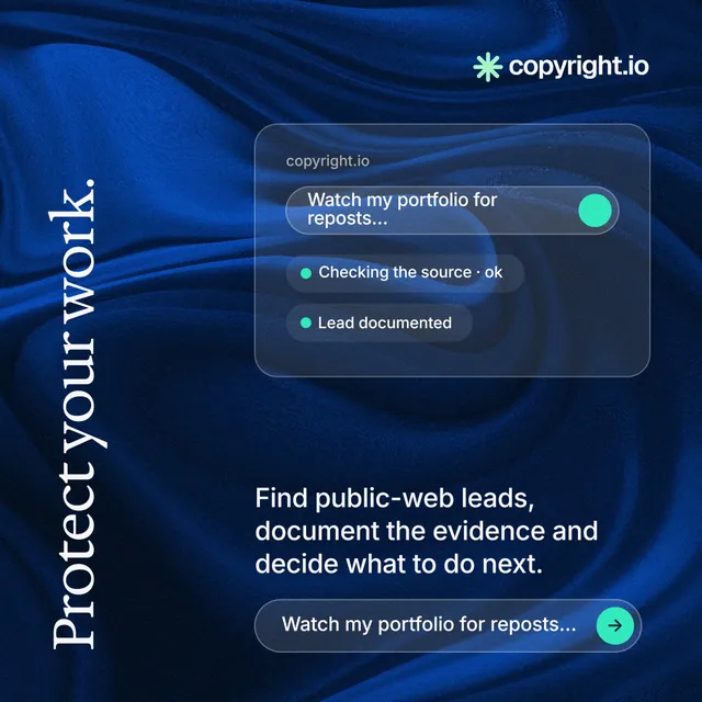 Instagram post for copyright.io: "Protect your work." Agentic glass style, vertical layout, dark palette in black, blue.