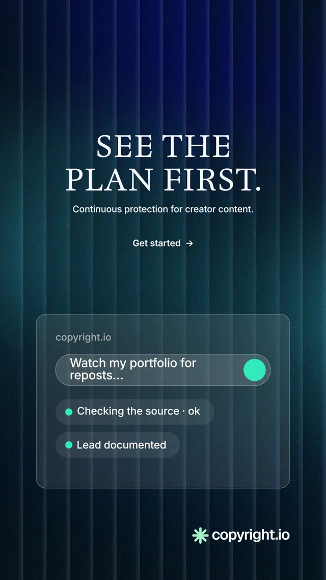 Instagram story for copyright.io: "See the plan first." Minimal luxury style, centred layout, dark palette in black, blue.