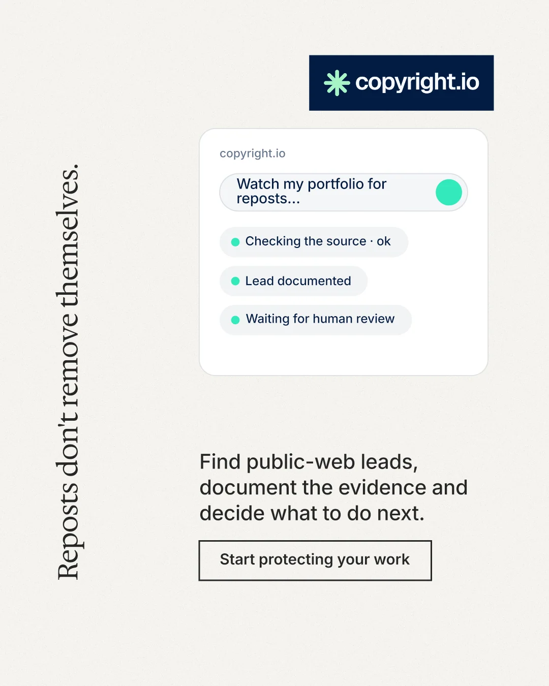 Instagram portrait post for copyright.io: "Reposts don't remove themselves." Editorial style, vertical layout, light palette in white, grey.