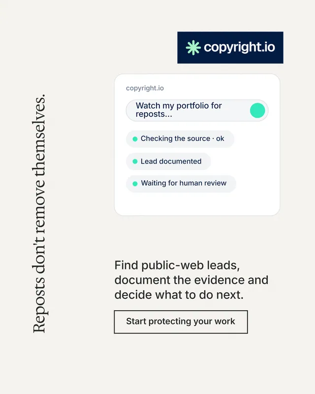 Instagram portrait post for copyright.io: "Reposts don't remove themselves." Editorial style, vertical layout, light palette in white, grey.