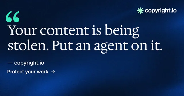 Social ad for copyright.io: "Reposts don't remove themselves." Minimal luxury style, quote layout, dark palette in blue, black.