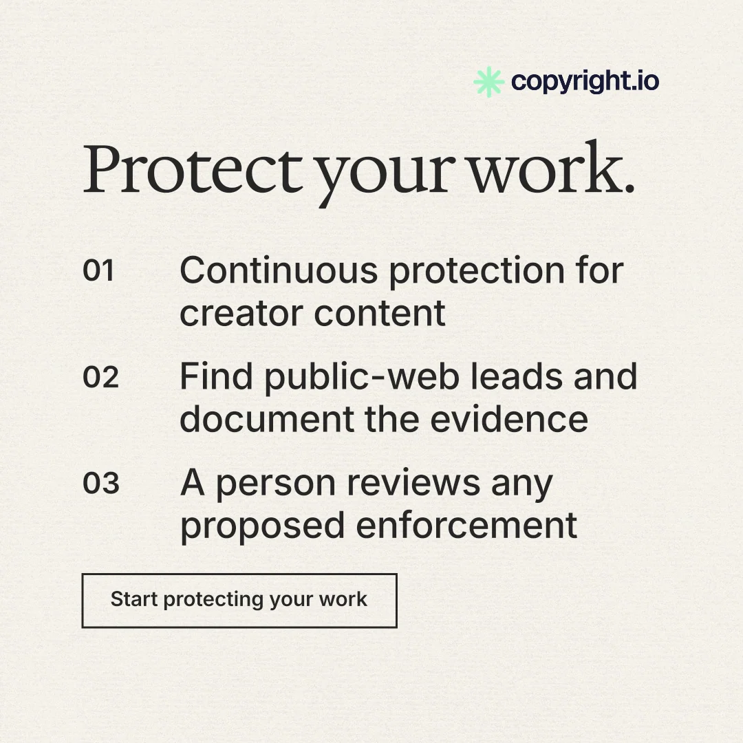 Instagram post for copyright.io: "Protect your work." Editorial style, numbered layout, light palette in white.