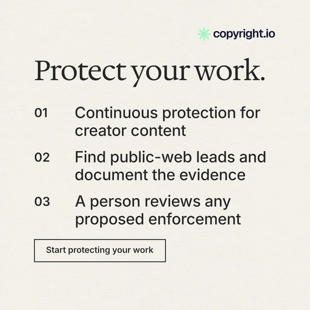 Instagram post for copyright.io: "Protect your work." Editorial style, numbered layout, light palette in white.