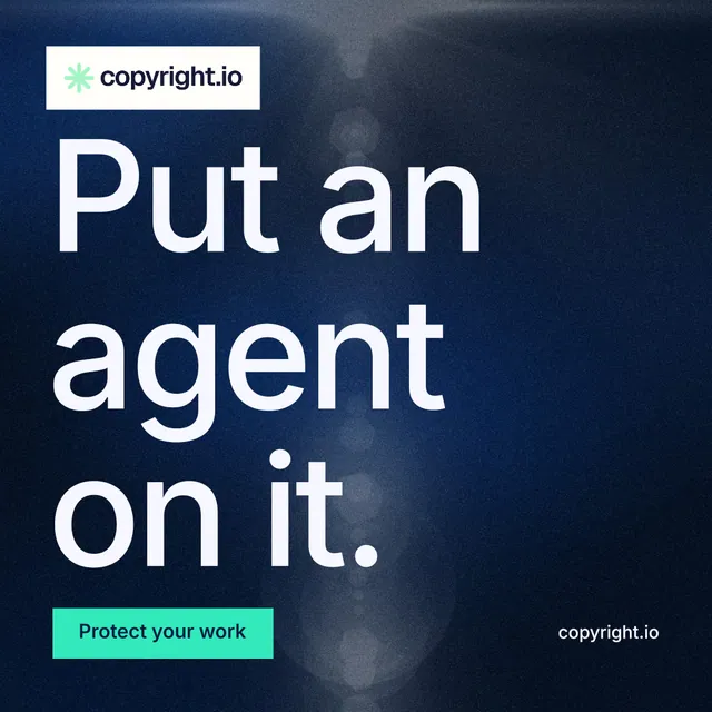 Instagram post for copyright.io: "Put an agent on it." Swiss style, poster layout, dark palette in blue, black, teal.