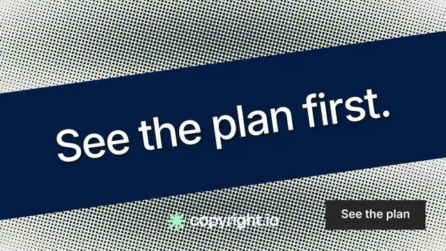 Landscape graphic for copyright.io: "See the plan first." Retro print style, diagonal layout, dark palette in blue, grey.