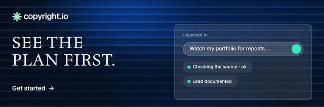 X header for copyright.io: "See the plan first." Minimal luxury style, bottom layout, dark palette in black, blue.