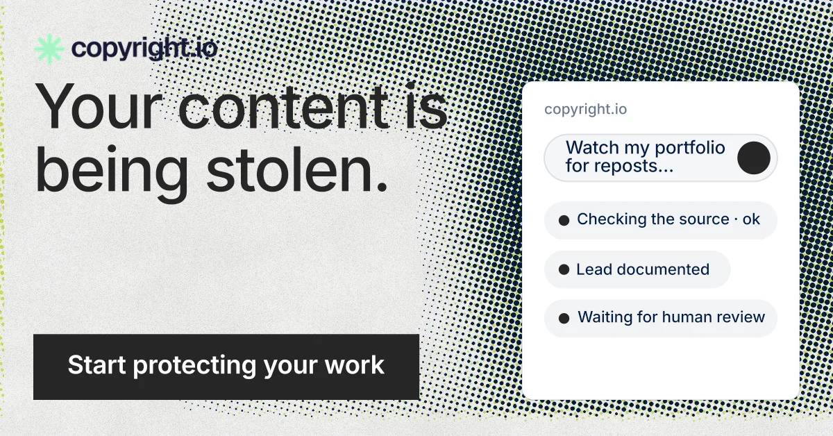 Social ad for copyright.io: "Your content is being stolen." Swiss style, skeleton layout, light palette in white, grey.