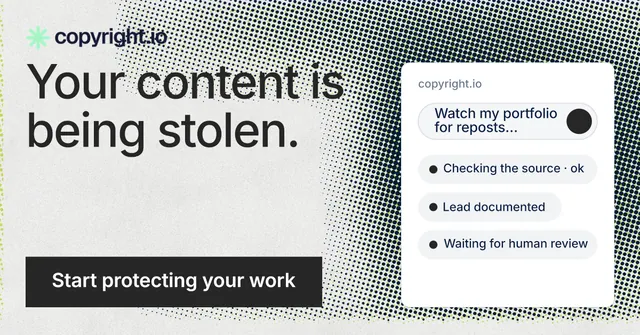 Social ad for copyright.io: "Your content is being stolen." Swiss style, skeleton layout, light palette in white, grey.