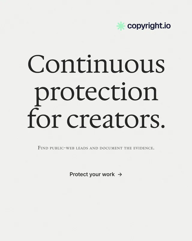 Instagram portrait post for copyright.io: "Continuous protection for creators." Minimal luxury style, smallcaps layout, light palette in white, grey.