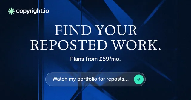 Social ad for copyright.io: "Find your reposted work." Agentic glass style, centred layout, dark palette in blue, black.