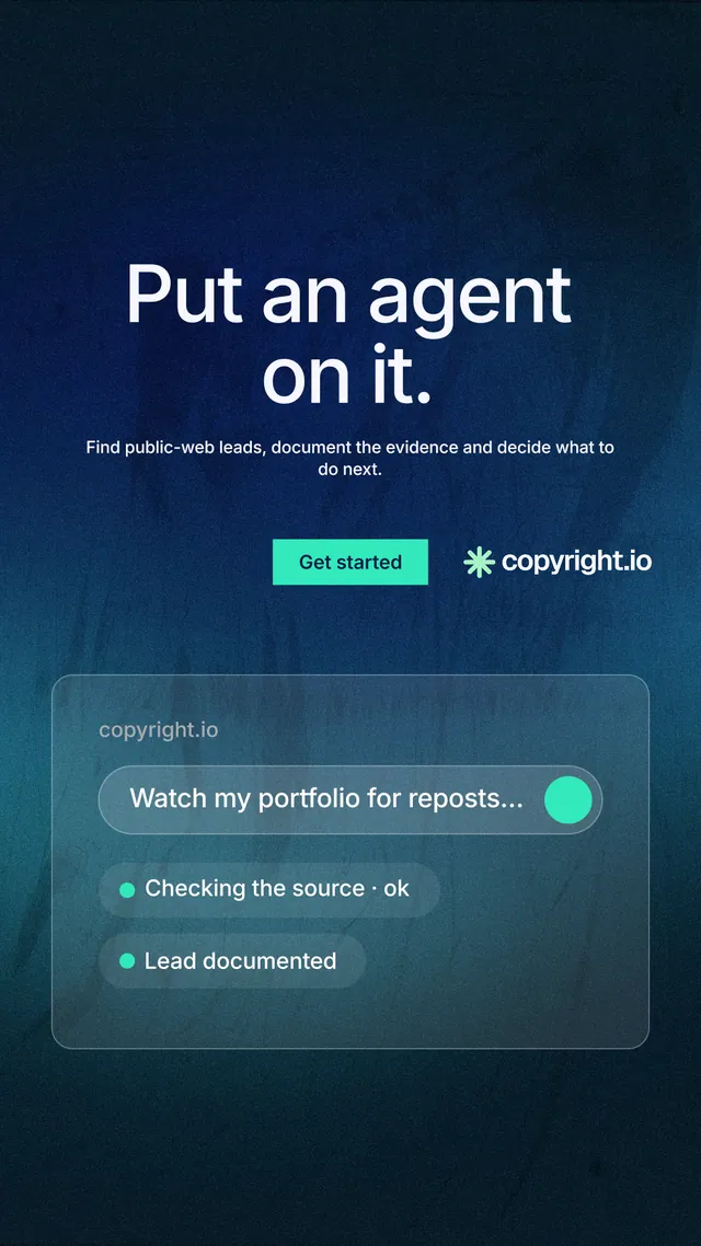 Instagram story for copyright.io: "Put an agent on it." Swiss style, centred layout, dark palette in black, blue, teal.