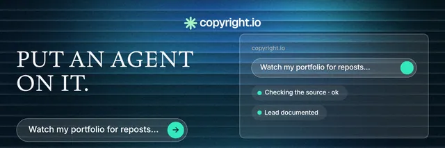 X header for copyright.io: "Put an agent on it." Agentic glass style, bottom layout, dark palette in blue, black.