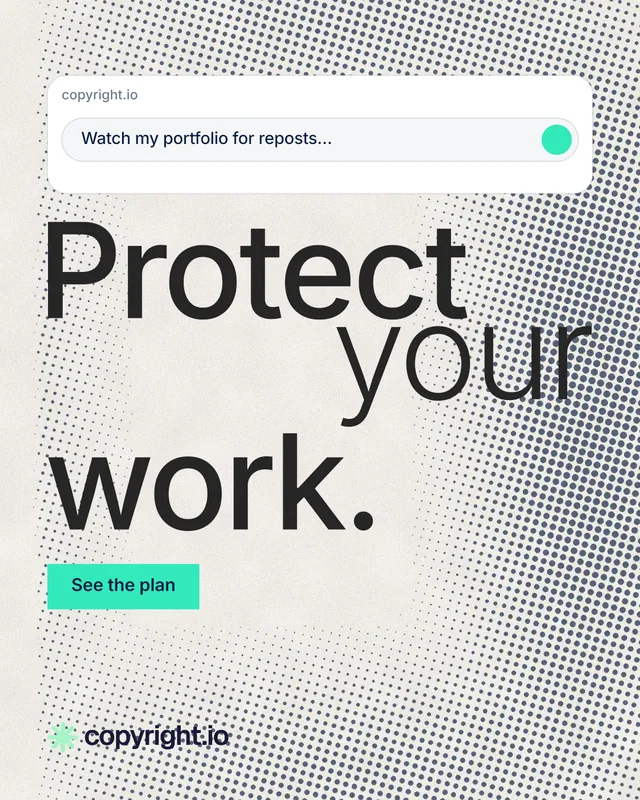 Instagram portrait post for copyright.io: "Protect your work." Swiss style, stacked layout, light palette in white, grey.