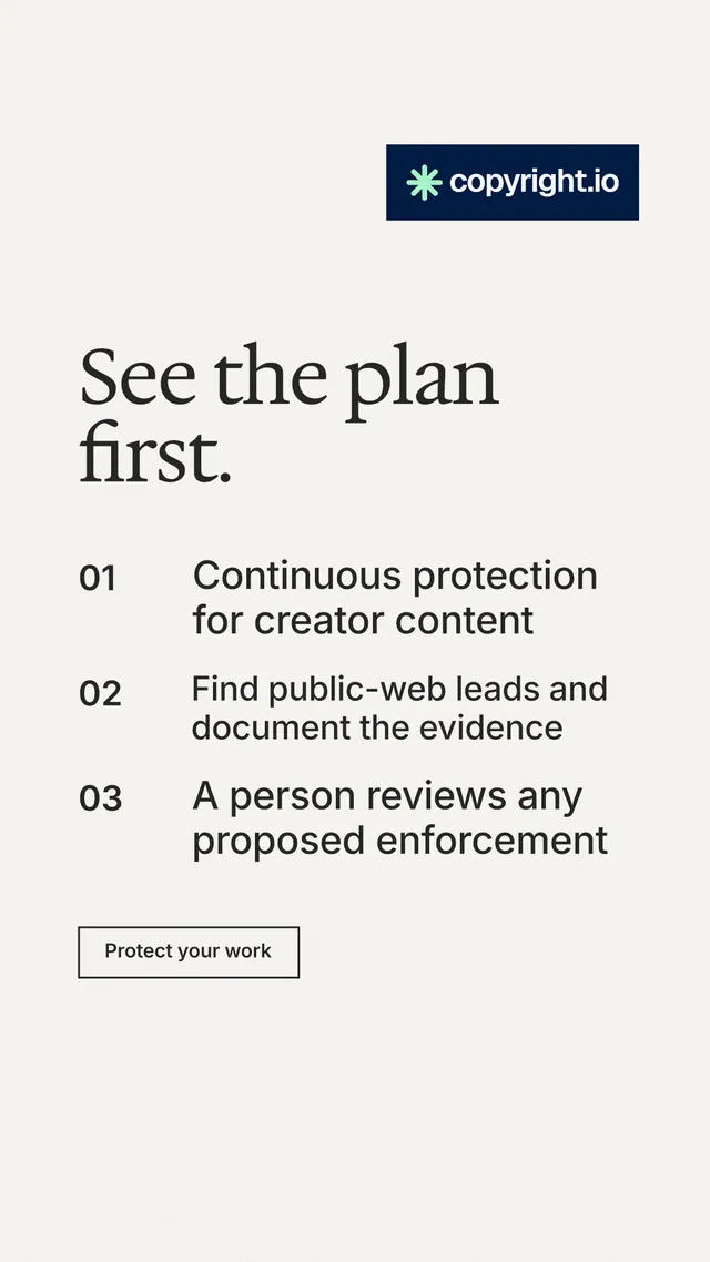 Instagram story for copyright.io: "See the plan first." Editorial style, numbered layout, light palette in white, grey.
