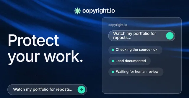 Social ad for copyright.io: "Protect your work." Agentic glass style, bottom layout, dark palette in black, blue, grey.