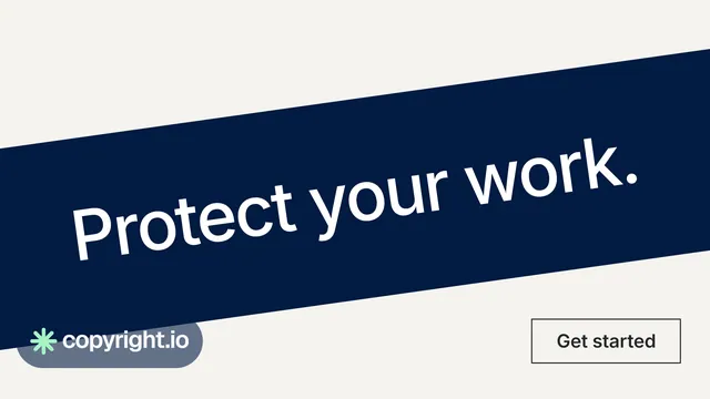 Landscape graphic for copyright.io: "Protect your work." Editorial style, diagonal layout, light palette in white, blue, grey.
