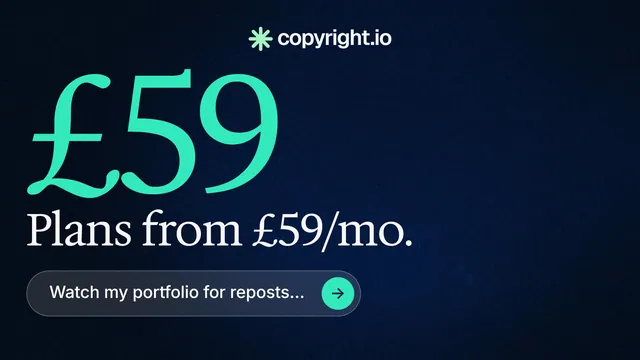 Landscape graphic for copyright.io: "Reposts don't remove themselves." Agentic glass style, stat layout, dark palette in black, teal.