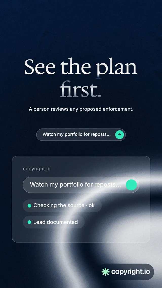 Instagram story for copyright.io: "See the plan first." Agentic glass style, centred layout, dark palette in black, blue, grey.
