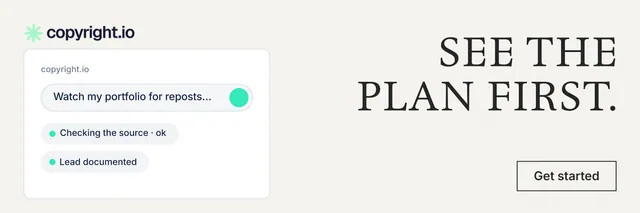 X header for copyright.io: "See the plan first." Editorial style, right layout, light palette in white, grey.