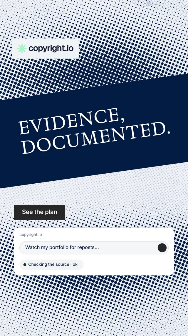 Instagram story for copyright.io: "Evidence, documented." Split block style, diagonal layout, light palette in blue, grey, white.