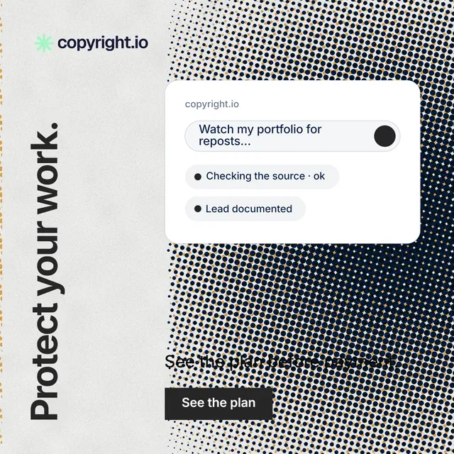 Instagram post for copyright.io: "Protect your work." Swiss style, vertical layout, light palette in grey, white.