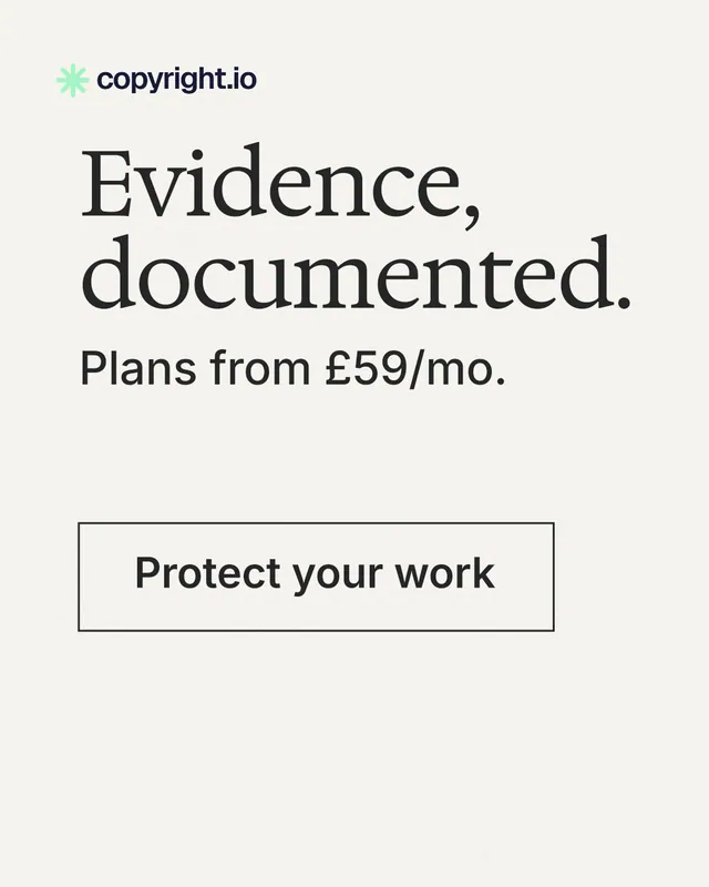 Instagram portrait post for copyright.io: "Evidence, documented." Editorial style, skeleton layout, light palette in white, grey.