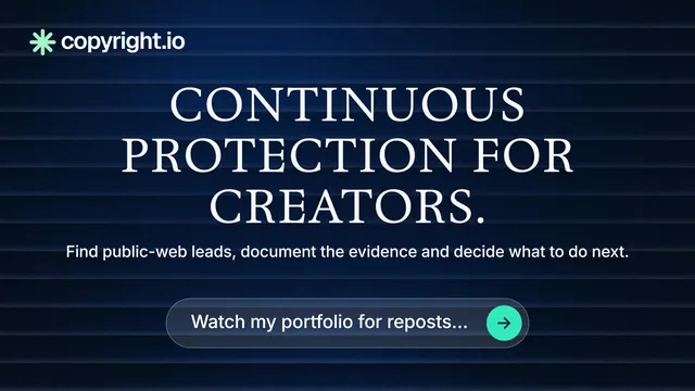 Landscape graphic for copyright.io: "Continuous protection for creators." Agentic glass style, centred layout, dark palette in blue, black.