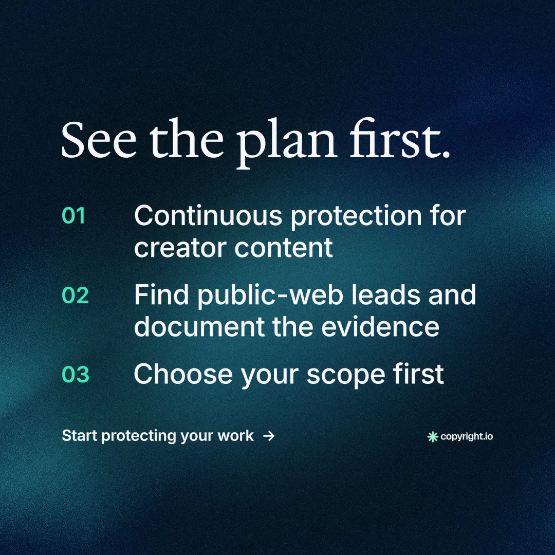 Instagram post for copyright.io: "See the plan first." Minimal luxury style, numbered layout, dark palette in blue, black.