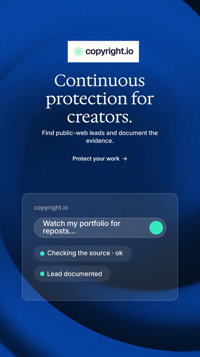 Instagram story for copyright.io: "Continuous protection for creators." Minimal luxury style, centred layout, dark palette in blue.