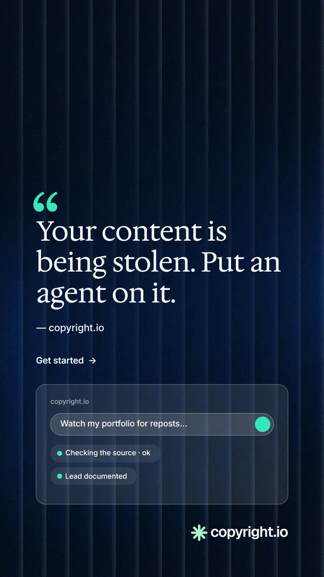 Instagram story for copyright.io: "Put an agent on it." Minimal luxury style, quote layout, dark palette in black, blue.