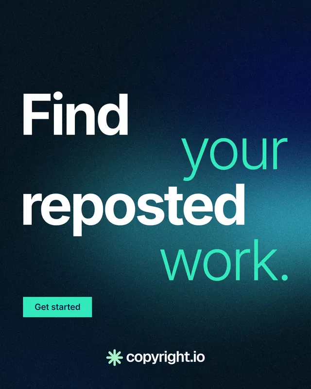 Instagram portrait post for copyright.io: "Find your reposted work." Swiss style, stacked layout, dark palette in black, blue, teal.