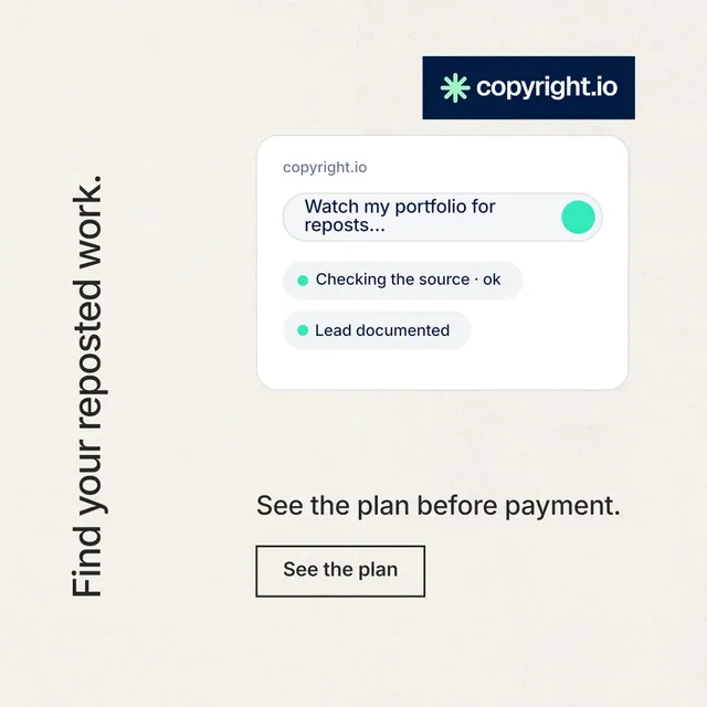 Instagram post for copyright.io: "Find your reposted work." Editorial style, vertical layout, light palette in white, grey.