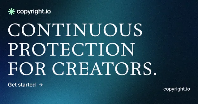 Social ad for copyright.io: "Continuous protection for creators." Minimal luxury style, poster layout, dark palette in black, blue.