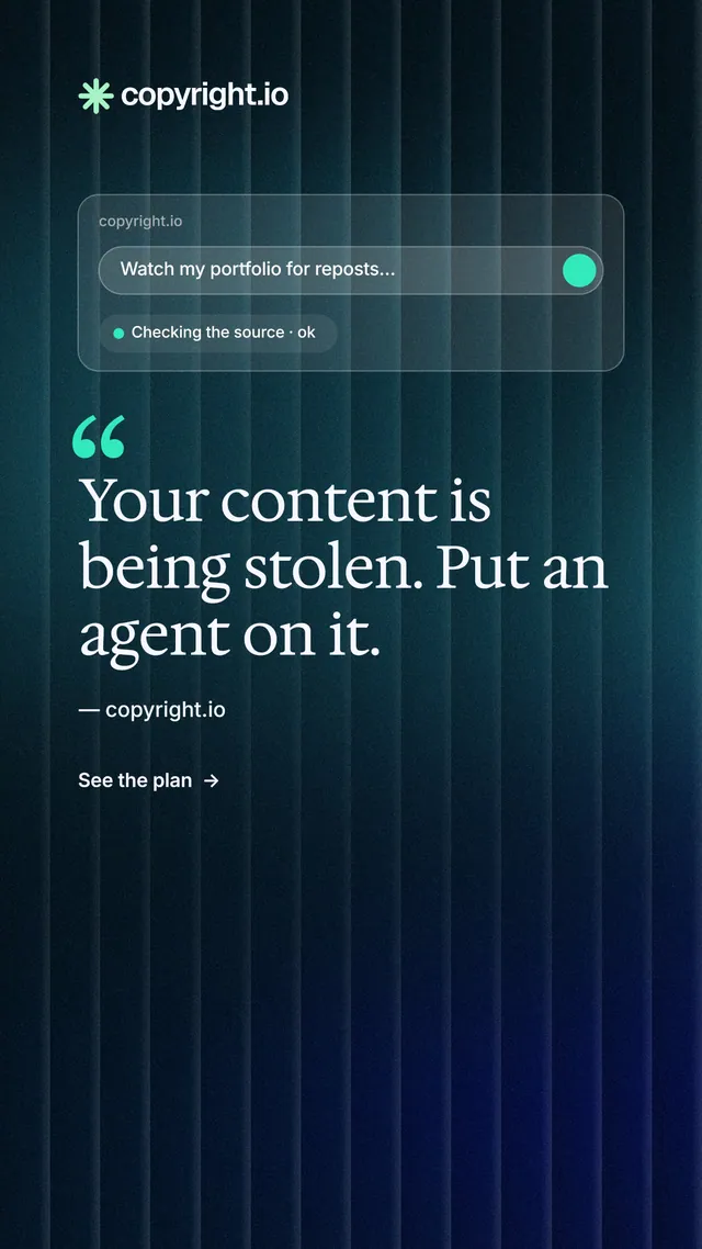 Instagram story for copyright.io: "Your content is being stolen." Minimal luxury style, quote layout, dark palette in blue, black, teal.