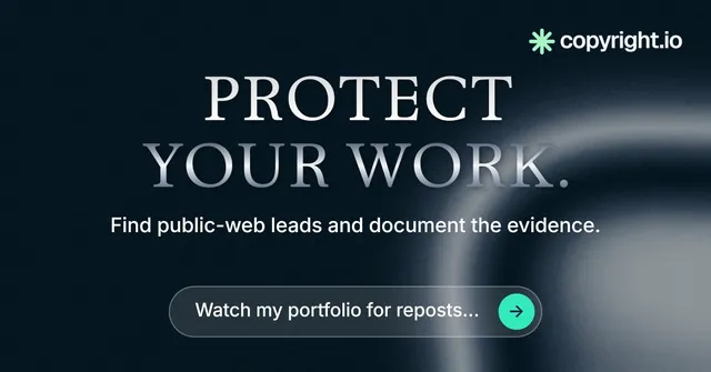 Social ad for copyright.io: "Protect your work." Agentic glass style, centred layout, dark palette in black, grey, blue.