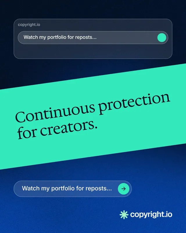 Instagram portrait post for copyright.io: "Continuous protection for creators." Agentic glass style, diagonal layout, dark palette in blue, teal.