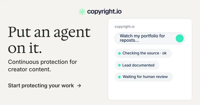 Social ad for copyright.io: "Put an agent on it." Minimal luxury style, bottom layout, light palette in white, grey.