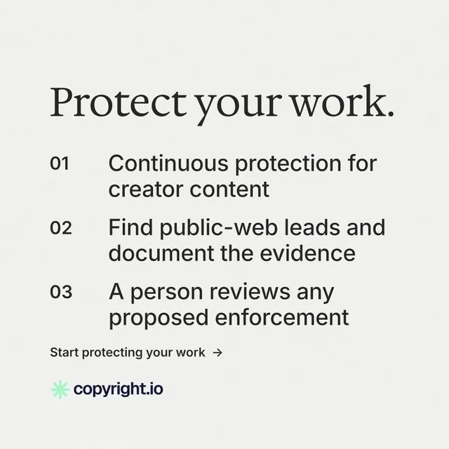 Instagram post for copyright.io: "Protect your work." Minimal luxury style, numbered layout, light palette in white.