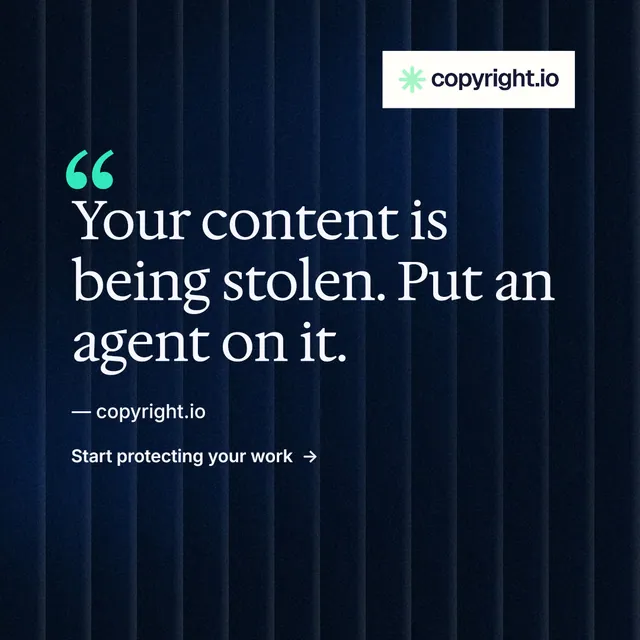Instagram post for copyright.io: "Protect your work." Minimal luxury style, quote layout, dark palette in black, blue.
