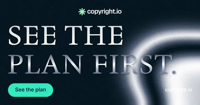 Social ad for copyright.io: "See the plan first." Y2K style, poster layout, dark palette in black, grey, blue.