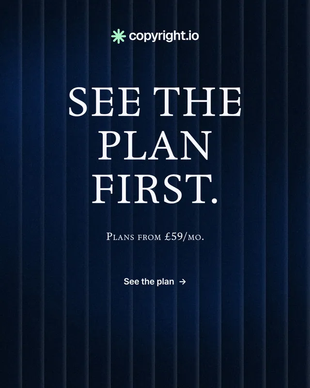 Instagram portrait post for copyright.io: "See the plan first." Minimal luxury style, smallcaps layout, dark palette in black, blue.